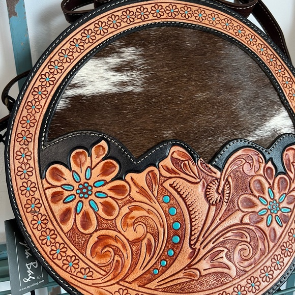 New Gift! Cowhide Round Hand Tooled Leather Myra Bag New crossbody wallet purse - Picture 6 of 10